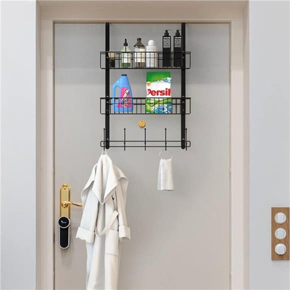 Over The Door Hooks, Door Hanger Towel Rack with 5 Coat Hooks & 2 Mesh Basket - Picture 2 of 6